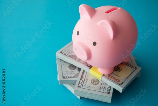 Fototapeta Pink piggy bank on stack US dollar bill banknotes. Wealth management, money saving, personal financial planning, return on investment, savings for retirement and so on concept.
