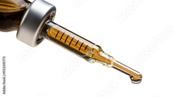 Fototapeta CBD Oil Dropper Close-Up: A close-up shot of a dropper filled with golden CBD oil, highlighting the clarity and purity of the extract, poised to deliver a single, potent drop.