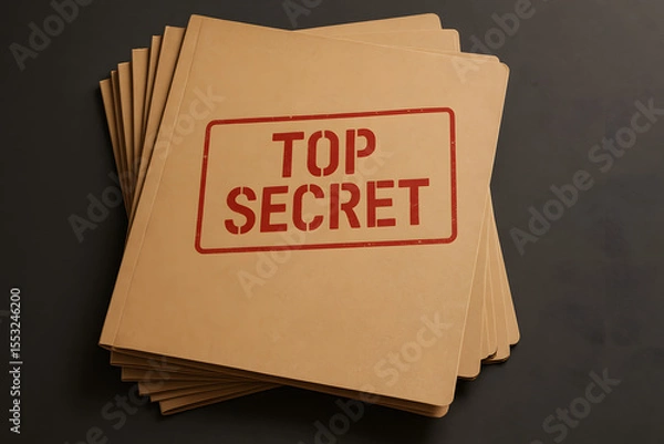 Fototapeta Top secret confidential document folder stack, intelligence classified information archive, government secure file storage, spy secret agency paperwork, security clearance, dark background office file