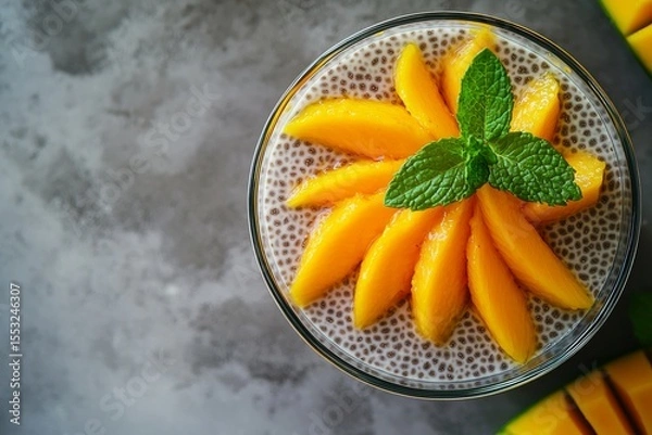 Obraz Minimalist food styling of a chia seed pudding with fresh mango slices and a mint garnish, symbolizing healthy, refreshing, and visually appealing breakfast or snack