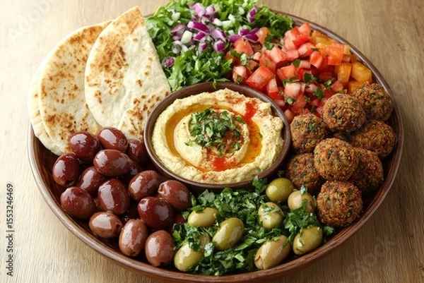 Obraz Wholesome Mediterranean platter featuring falafel, hummus, pita bread, fresh salad, and various olives, symbolizing a healthy, flavorful, and complete meal