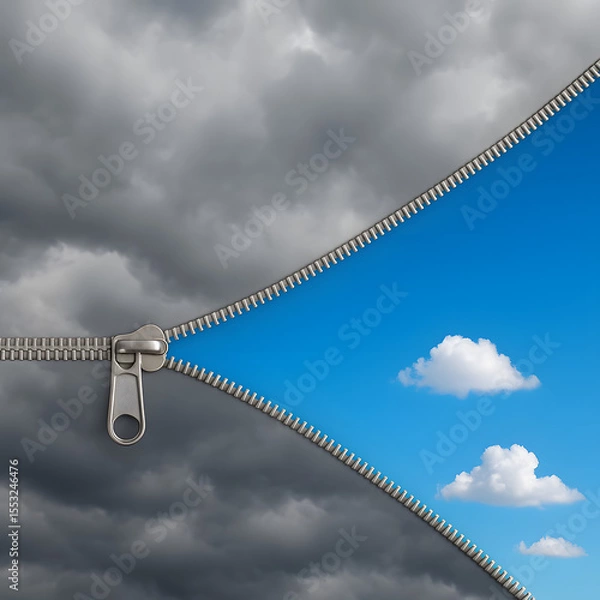Fototapeta Zipper opening storm clouds revealing blue sky with sunshine, metaphor of hope and positive change, concept of transformation, clear weather breakthrough, contrast optimism escape from darkness

