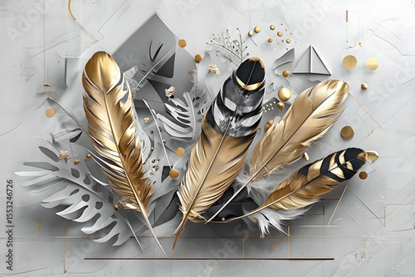 Fototapeta A modern illustration featuring feathers and geometric shapes. Gold and gray feathers on a gray abstract background. Abstract wallpaper with feathers, gray geometric background.