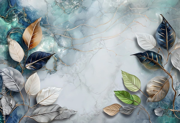 Fototapeta Gorgeous illustration featuring branches and leaves on an emerald abstract background. Ceramic leaves on a marbled emerald background.