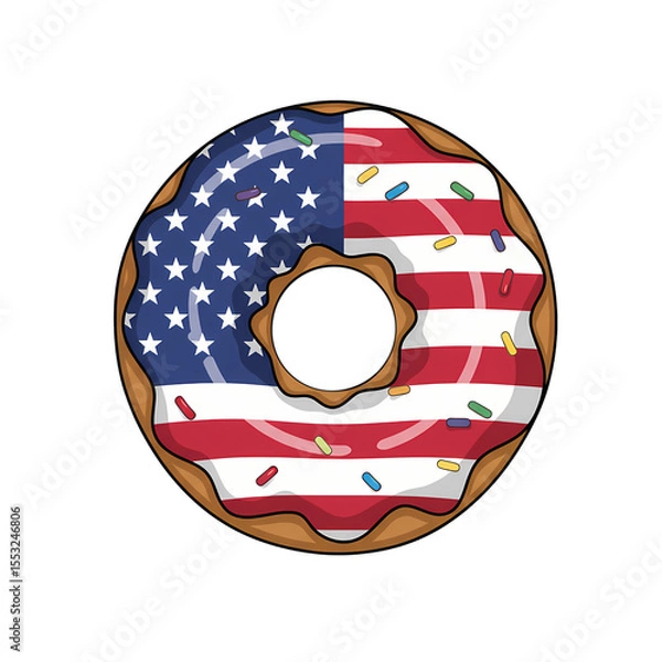 Fototapeta Traditional donut with icing in colors of USA flag, american stars and stripes frosting, isolated on transparent background. 4th of july celebration, independence day for bakeries and pastry