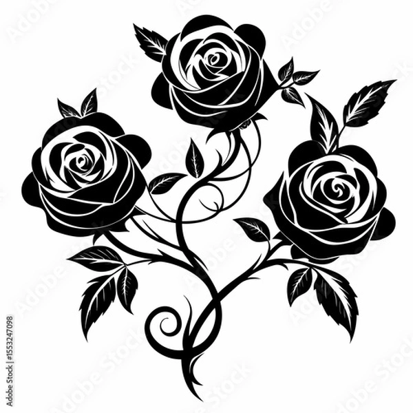 Fototapeta Elegant black silhouette of three blooming roses on a white background