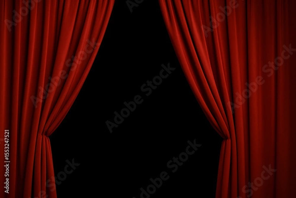 Fototapeta Red theater curtains drawn open, revealing black background. Classic stage performance backdrop, dramatic lighting setup, cinematic presentation concept, movie premiere scene, traditional velvet fabri