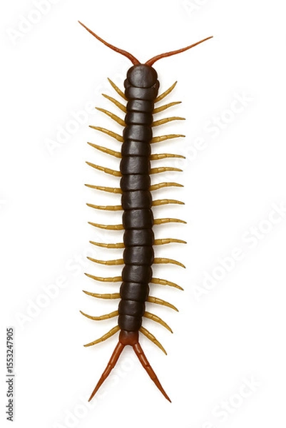 Fototapeta Brown centipede with yellow legs isolated on white background. Top view macro shot of arthropod insect, venomous crawling myriapod with segmented body, multiple legs, natural pest control concept