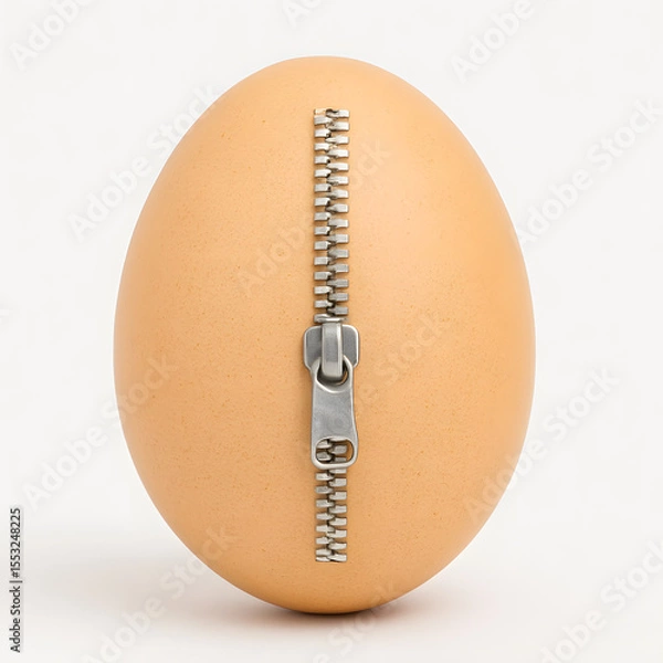 Fototapeta Whole egg with silver zipper on shell, surreal conceptual object isolated on white, abstract food creativity, design idea symbolizing surprise, transformation, innovation, imagination, surreal express