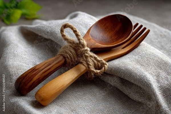 Fototapeta Wooden Spoon and Fork Tied with Twine on Rustic Fabric Surface