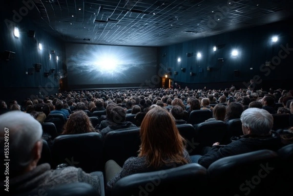 Fototapeta Crowded Cinema Auditorium with Full Audience in Dark Environment