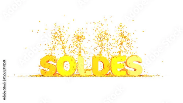 Fototapeta texte SOLDES écrit en jaune avec jets de confettis sur le dessus - commerce - rendu 3D sur fond transparent
