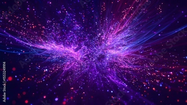 Obraz Explosive burst of neon purple and blue particles in motion on a dark abstract background.