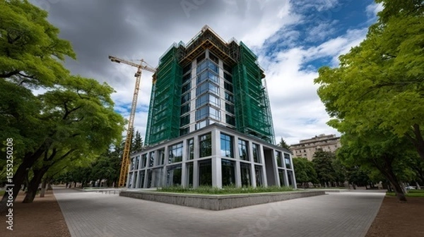 Fototapeta Modern Building Under Construction with Wide View and Clear Skies
