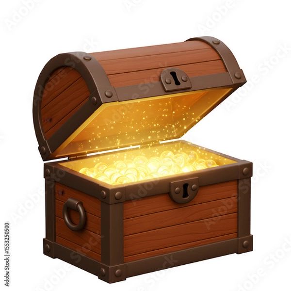 Obraz 3D Render of Radiant Wooden Treasure Chest Opened with Sparkling Golden Light Inside, Isolated on White or Transparent Background