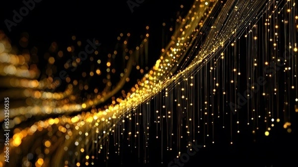 Obraz Glowing golden light strands and sparkles raining down on a black background.