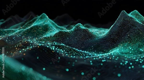 Obraz Futuristic 3D terrain made of glowing teal particles, forming a digital mountain landscape on a dark background.