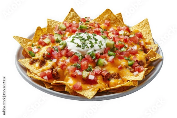 Fototapeta Delicious nachos with cheese, tomato, sour cream, and jalapenos - appetizing snack, mexican food, party food, isolated on transparent background