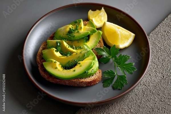 Fototapeta Avocado Slices on Toast Served with Fresh Lemon on a Dark Plate