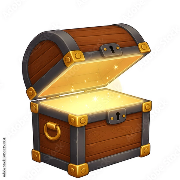 Obraz 3D Render of Radiant Wooden Treasure Chest Opened with Sparkling Golden Light Inside, Isolated on White or Transparent Background