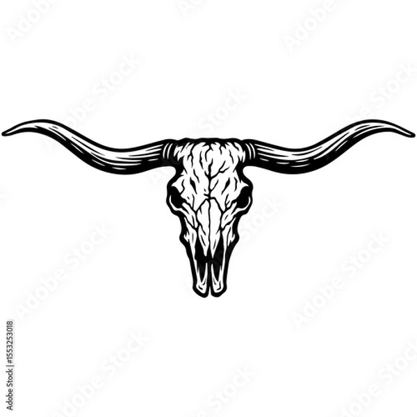 Obraz Highly detailed longhorn skull with textured bone and curved horns, black and white vintage vector illustration for western design