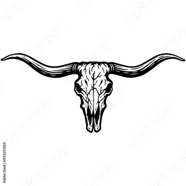 Obraz Highly detailed longhorn skull with textured bone and curved horns, black and white vintage vector illustration for western design