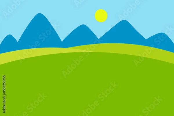 Obraz Landscape banner with mountains, green grass field, sun, blue sky for text. Hand drawn vector summer abstract background horizontal illustration. Card border sunny weather, summertime, idyllic nature
