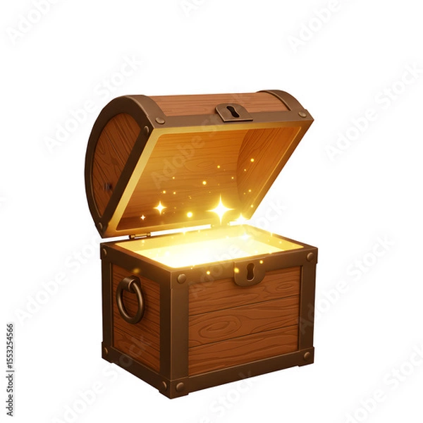 Obraz 3D Render of Radiant Wooden Treasure Chest Opened with Sparkling Golden Light Inside, Isolated on White or Transparent Background