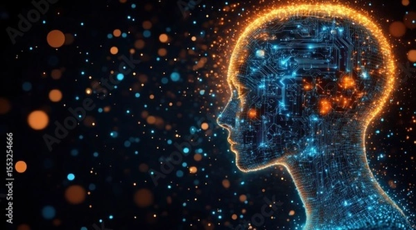Fototapeta Glowing digital humanoid head composed of intricate electric circuits surrounded by floating light particles conveying advanced artificial intelligence and futuristic technology