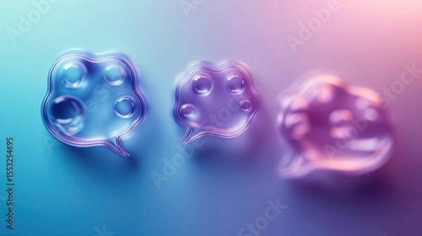 Fototapeta Three translucent speech bubbles with paw print shapes inside glowing softly against a gradient blue and pink background