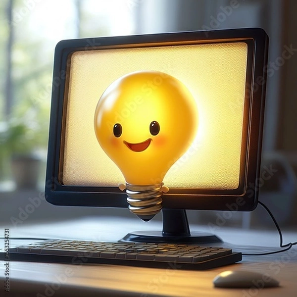 Fototapeta A happy glowing light bulb character emerging from a computer monitor on a desk with a keyboard and mouse in a cozy indoor setting