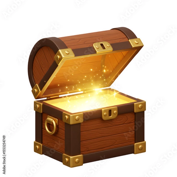 Obraz 3D Render of Radiant Wooden Treasure Chest Opened with Sparkling Golden Light Inside, Isolated on White or Transparent Background