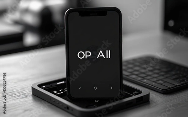 Fototapeta Black smartphone displaying a dark screen with white text placed standing on top of a closed laptop keyboard on a wooden surface in a monochrome setting