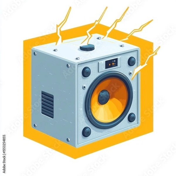 Fototapeta A gray speaker box emitting sound waves or electric energy depicted as yellow lightning bolts on a bright yellow background, conveying dynamic audio power