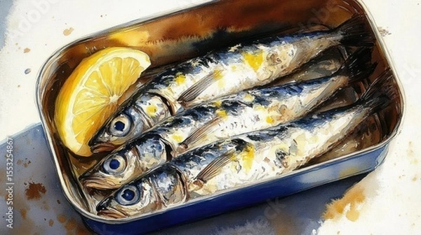 Fototapeta three shiny cooked sardines in an open tin container with a lemon wedge on a white surface showing realistic texture and light reflections