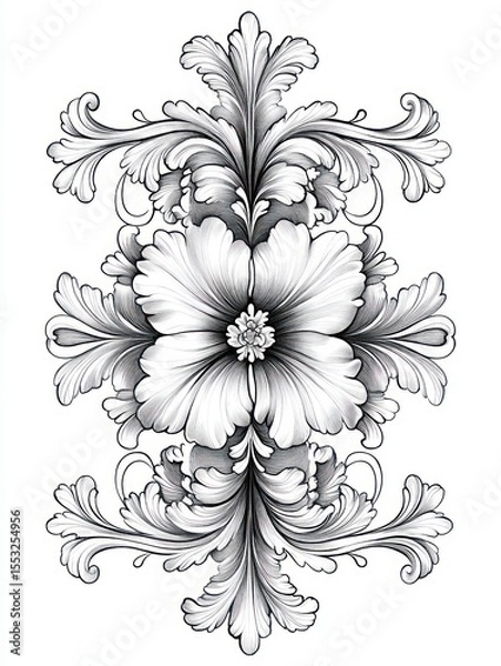 Fototapeta Intricate grayscale floral design featuring a central large flower surrounded by detailed symmetrical feathery leaves and ornate curling elements