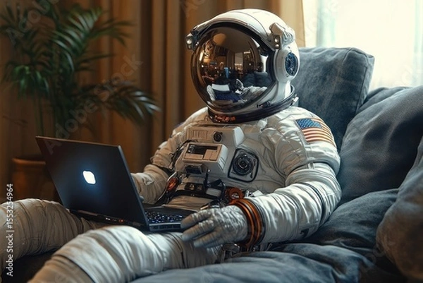Fototapeta Person wearing a full astronaut suit sitting comfortably on a sofa using a laptop in a cozy indoor setting with warm lighting