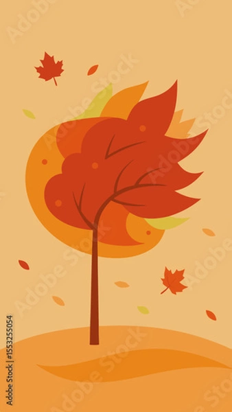 Fototapeta Stylized autumn tree with falling leaves and warm color palette