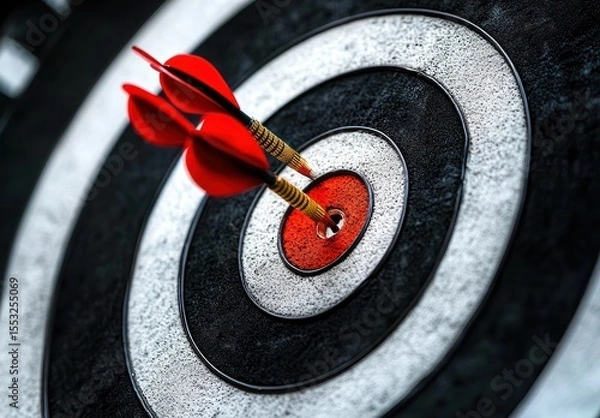 Fototapeta Close-up of two red darts hitting the bullseye on a textured black and white dartboard, symbolizing precision and success