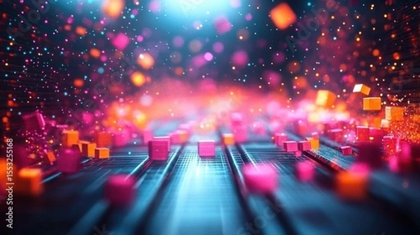 Fototapeta Abstract digital landscape with glowing pink and orange cubes floating above a grid with bright scattered light particles creating a futuristic and dynamic atmosphere