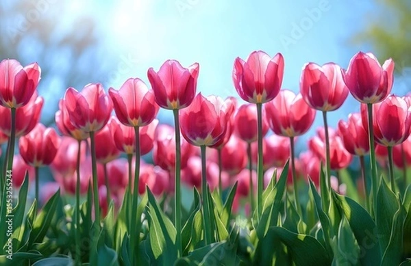Fototapeta Field of vibrant pink tulips blooming under bright sunlight with green leaves and a clear blue sky background, evoking freshness and springtime joy