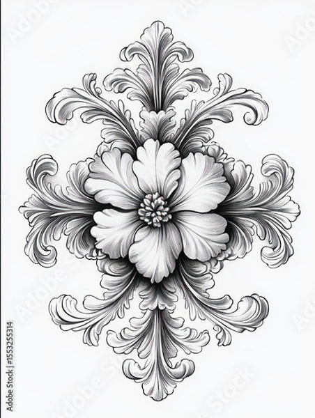 Fototapeta Intricate black and white symmetrical floral and leaf design with detailed shading and ornate curves creating an elegant and balanced decorative pattern