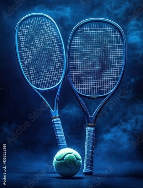 Fototapeta Two blue tennis rackets standing upright with a green tennis ball in front of them surrounded by a smoky blue background creating a dynamic and intense sports atmosphere