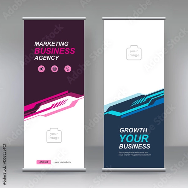 Fototapeta Business Roll Up Set. Banner Template, Abstract  Geometric Triangle Background vector Brochures, flyer, presentation, leaflet, j-flag, x-stand, x-banner, exhibition display, Standee Design. 