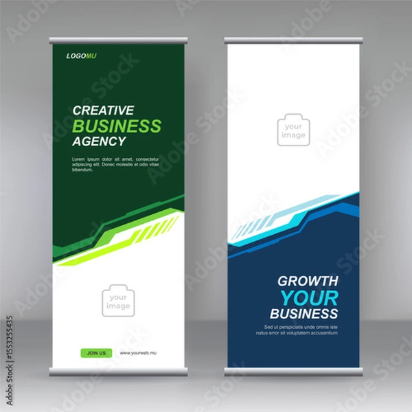 Fototapeta Business Roll Up Set. Banner Template, Abstract Blue Geometric Triangle Background vector Brochures,  j-flag, x-stand, x-banner, exhibition display, Standee Design. 