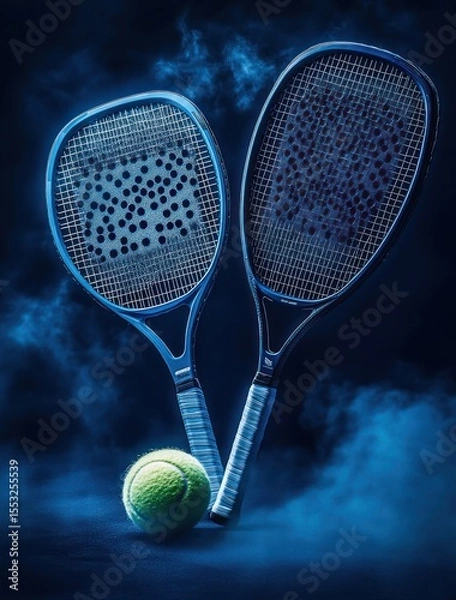 Fototapeta Two black paddle tennis rackets crossed with a yellow tennis ball on a dark smoky background creating a dynamic sports atmosphere