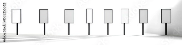 Fototapeta Eight blank rectangular signboards mounted on black poles standing in a bright white space casting shadows on the floor with a minimalistic and clean atmosphere