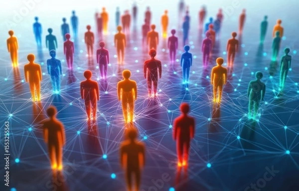 Fototapeta Colorful silhouettes of human figures standing on interconnected glowing nodes representing a digital network and social connection