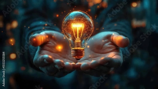 Fototapeta Two hands gently holding a glowing light bulb surrounded by a digital network pattern and glowing particles, symbolizing innovation and creativity