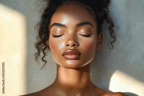 Fototapeta Close-up portrait of a young woman with curly hair and freckles, eyes closed, serene expression illuminated by soft natural light creating shadows on her face
